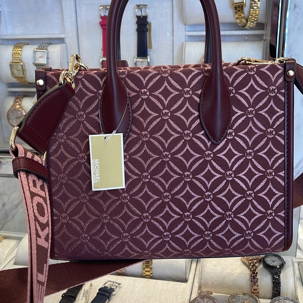 Michael Kors Mirella Small Metallic Logo Jacquard Crossbody Bag Oxblood Multi - Picture 15 of 16